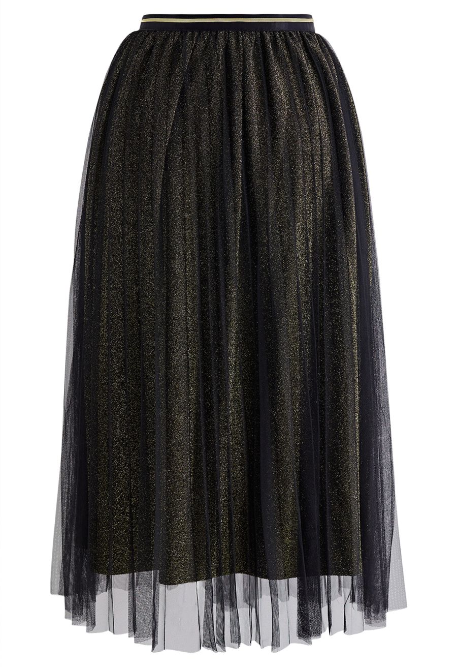 Glimmering Pleated Mesh Midi Skirt in Gold