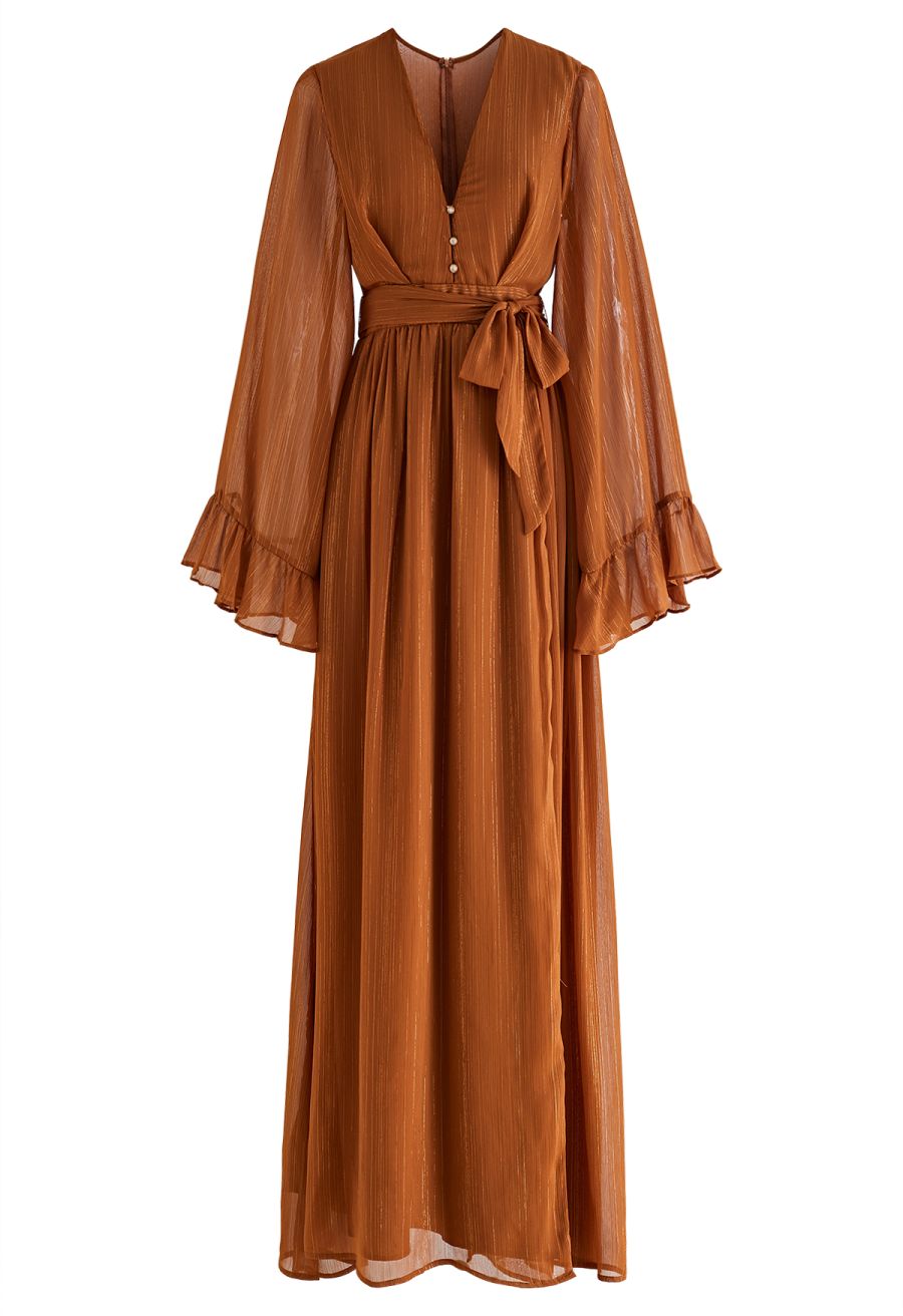 Metallic Shimmer Chiffon Ruffle Sleeve Maxi Dress in Rust