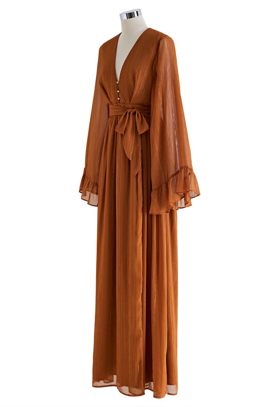 Metallic Shimmer Chiffon Ruffle Sleeve Maxi Dress in Rust