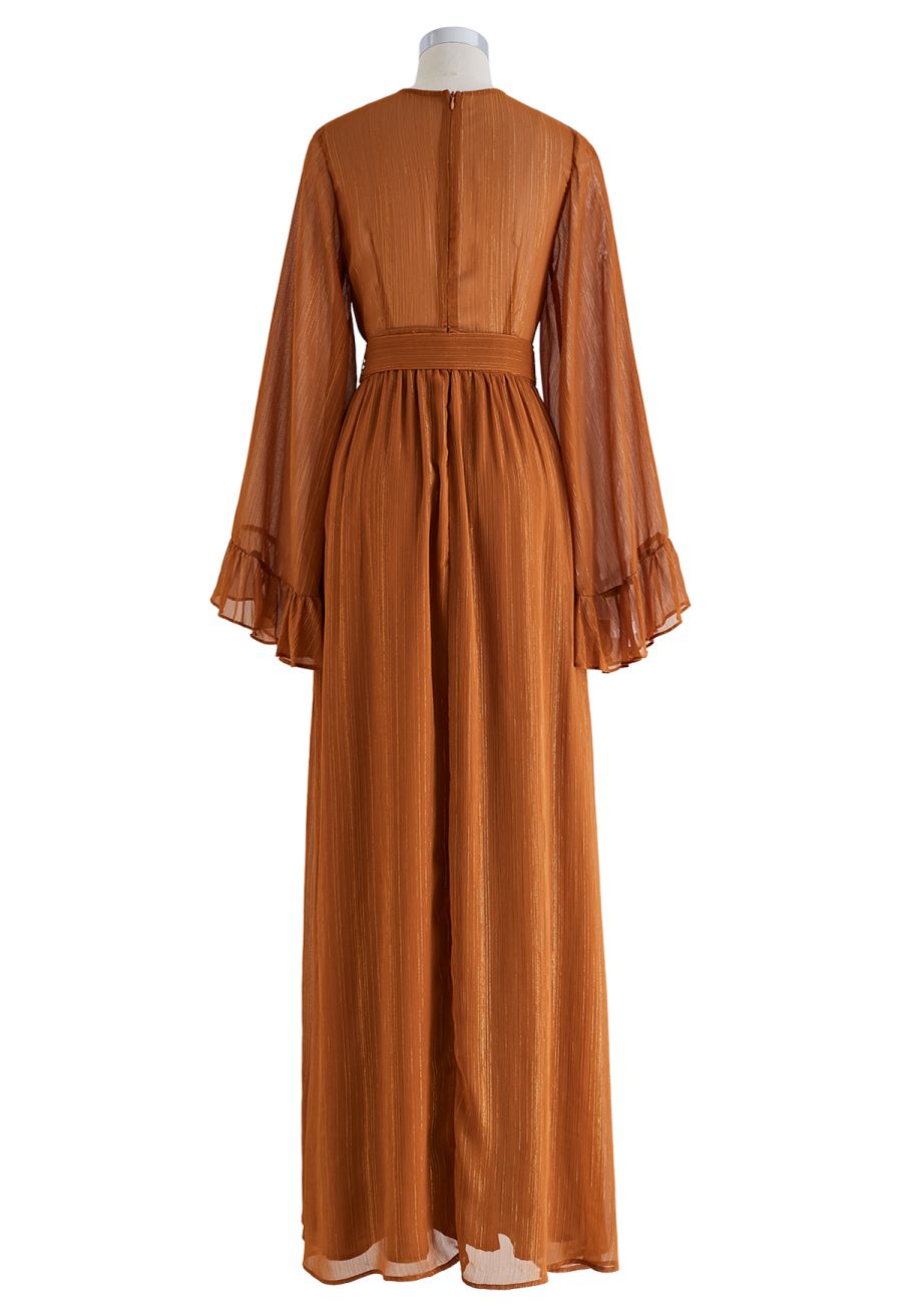 Metallic Shimmer Chiffon Ruffle Sleeve Maxi Dress in Rust