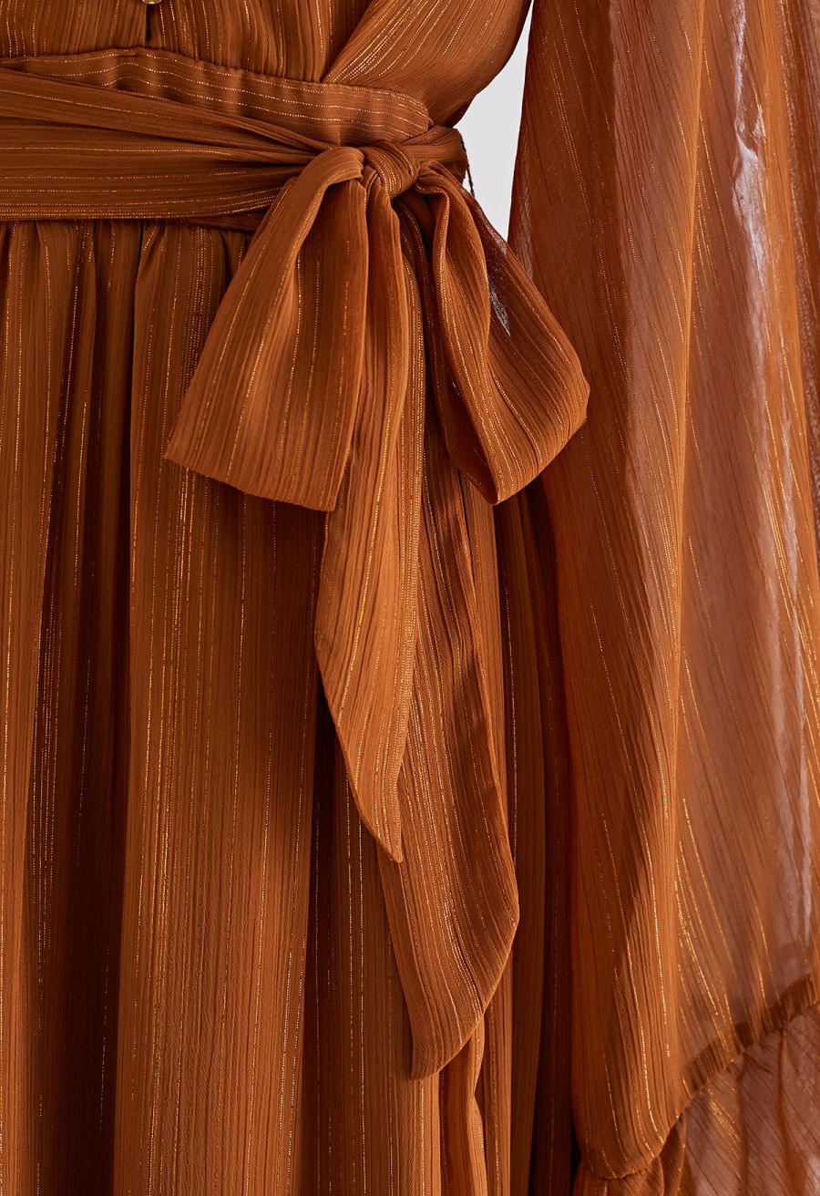 Metallic Shimmer Chiffon Ruffle Sleeve Maxi Dress in Rust