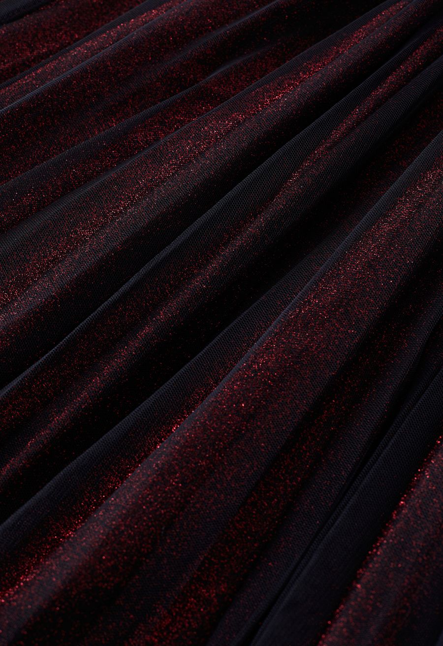 Glimmering Pleated Mesh Midi Skirt in Red