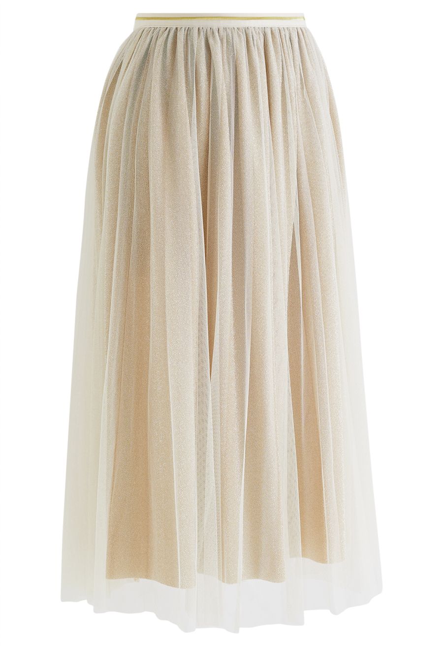 Glimmering Pleated Mesh Midi Skirt in Champagne