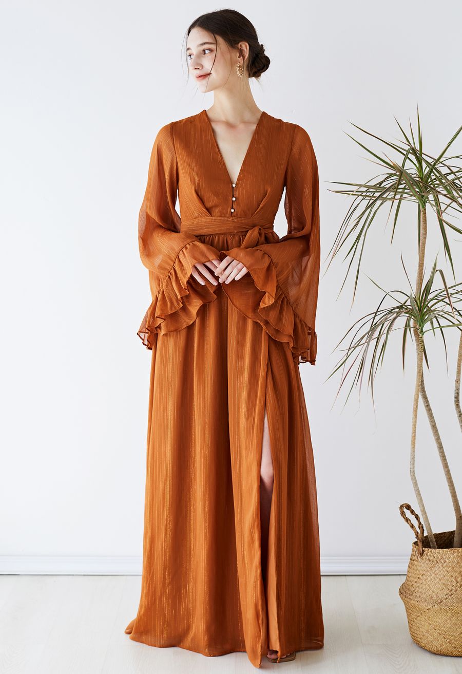Metallic Shimmer Chiffon Ruffle Sleeve Maxi Dress in Rust