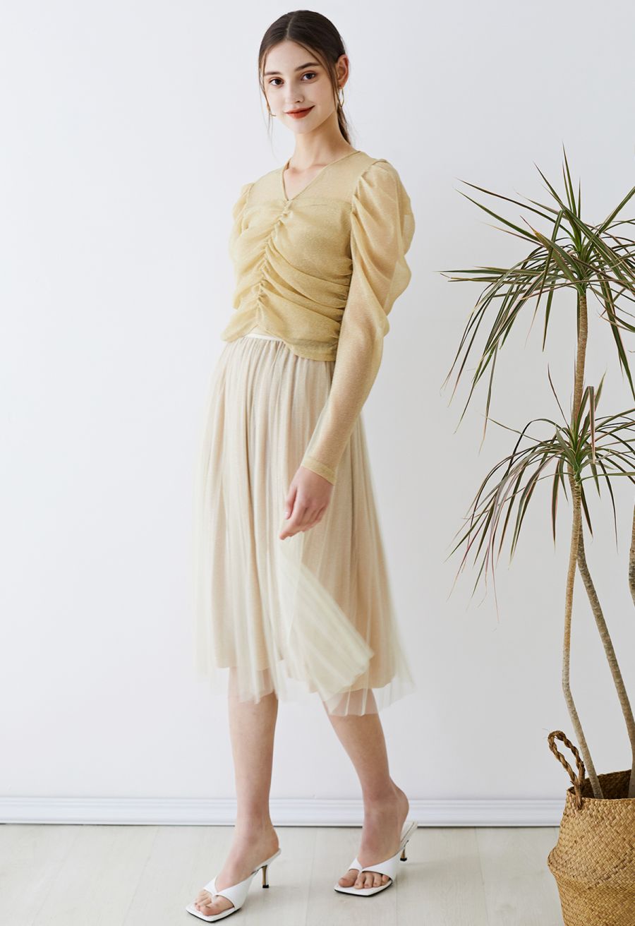 Glimmering Pleated Mesh Midi Skirt in Champagne