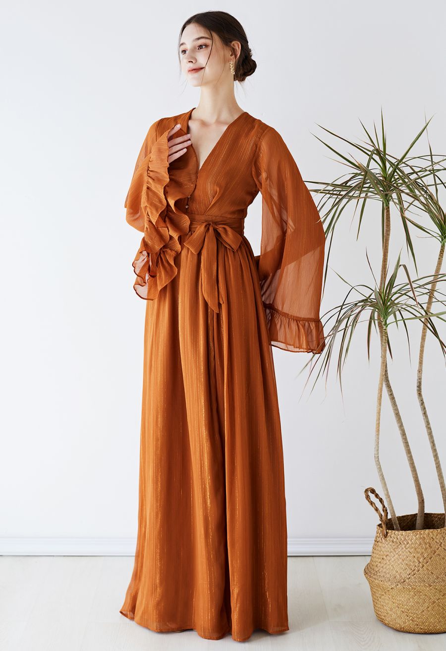 Metallic Shimmer Chiffon Ruffle Sleeve Maxi Dress in Rust