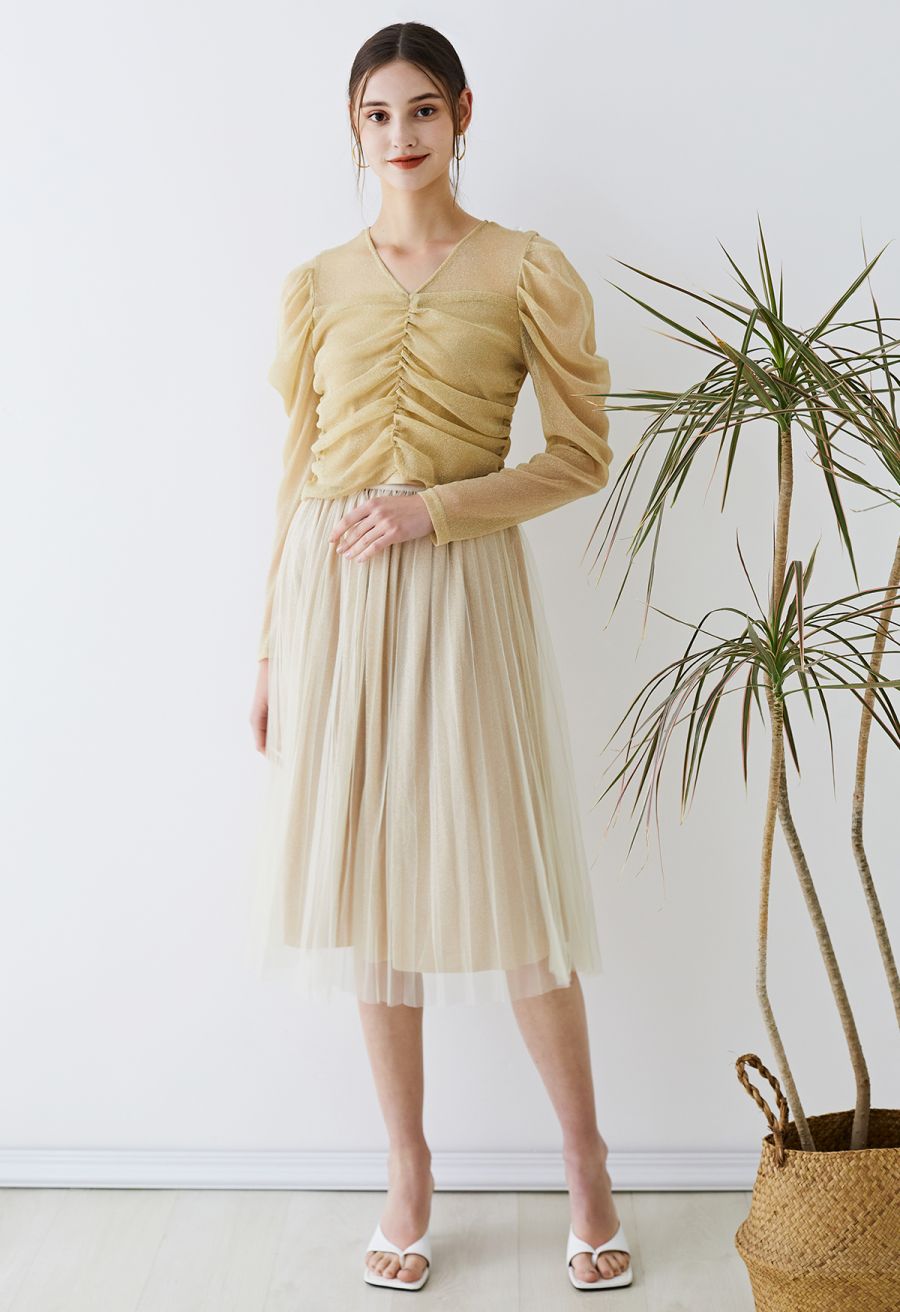 Glimmering Pleated Mesh Midi Skirt in Champagne