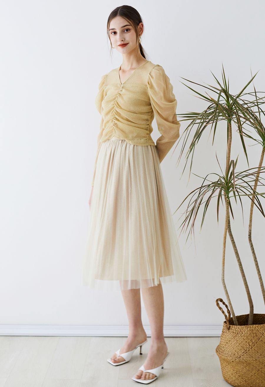 Glimmering Pleated Mesh Midi Skirt in Champagne