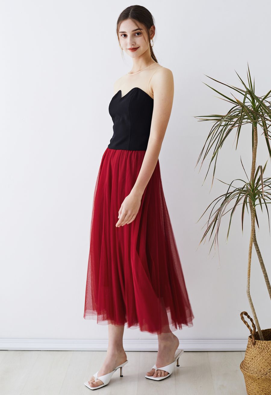 Mesh Shoulder Sweetheart Sleeveless Top
