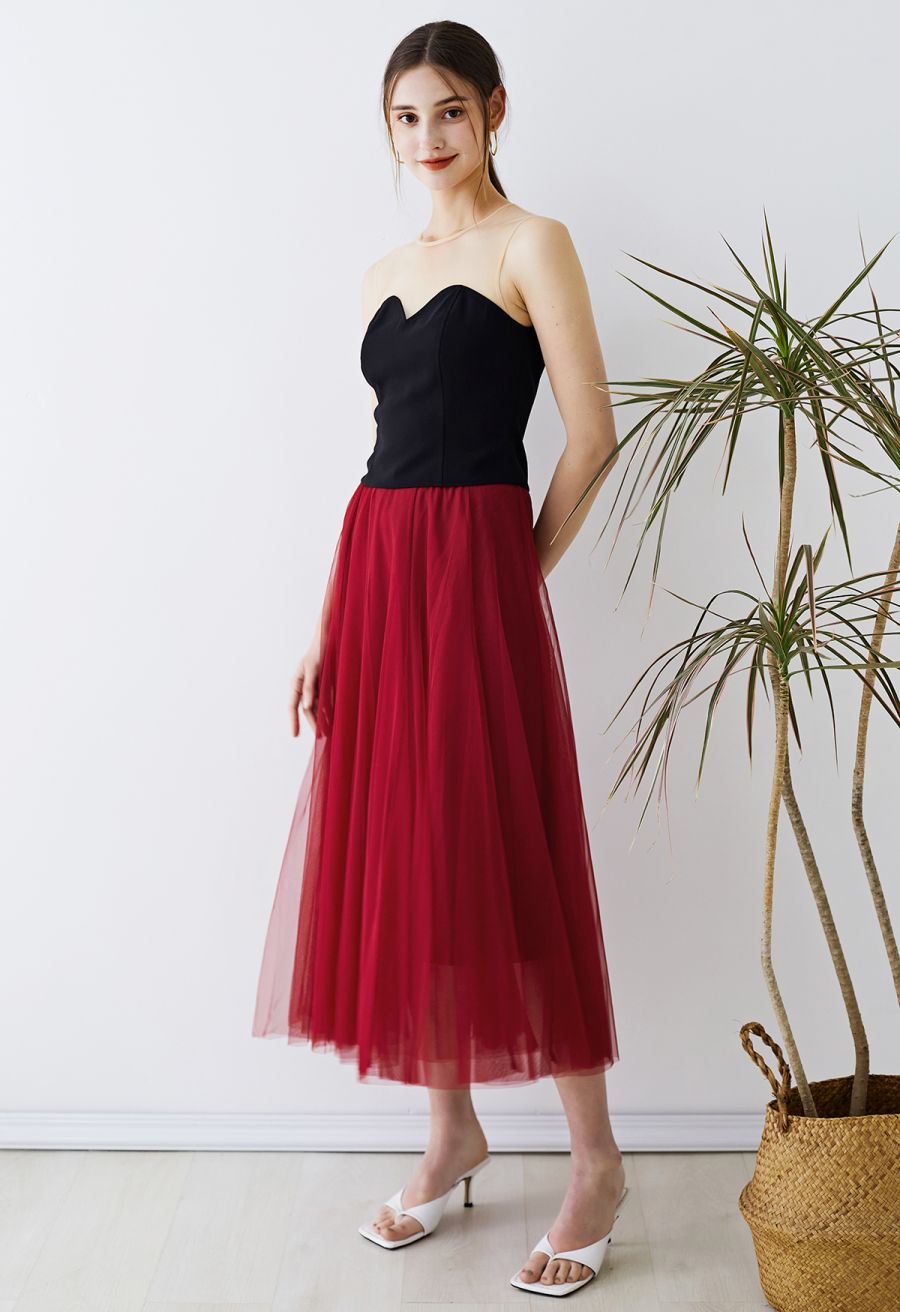 Mesh Shoulder Sweetheart Sleeveless Top
