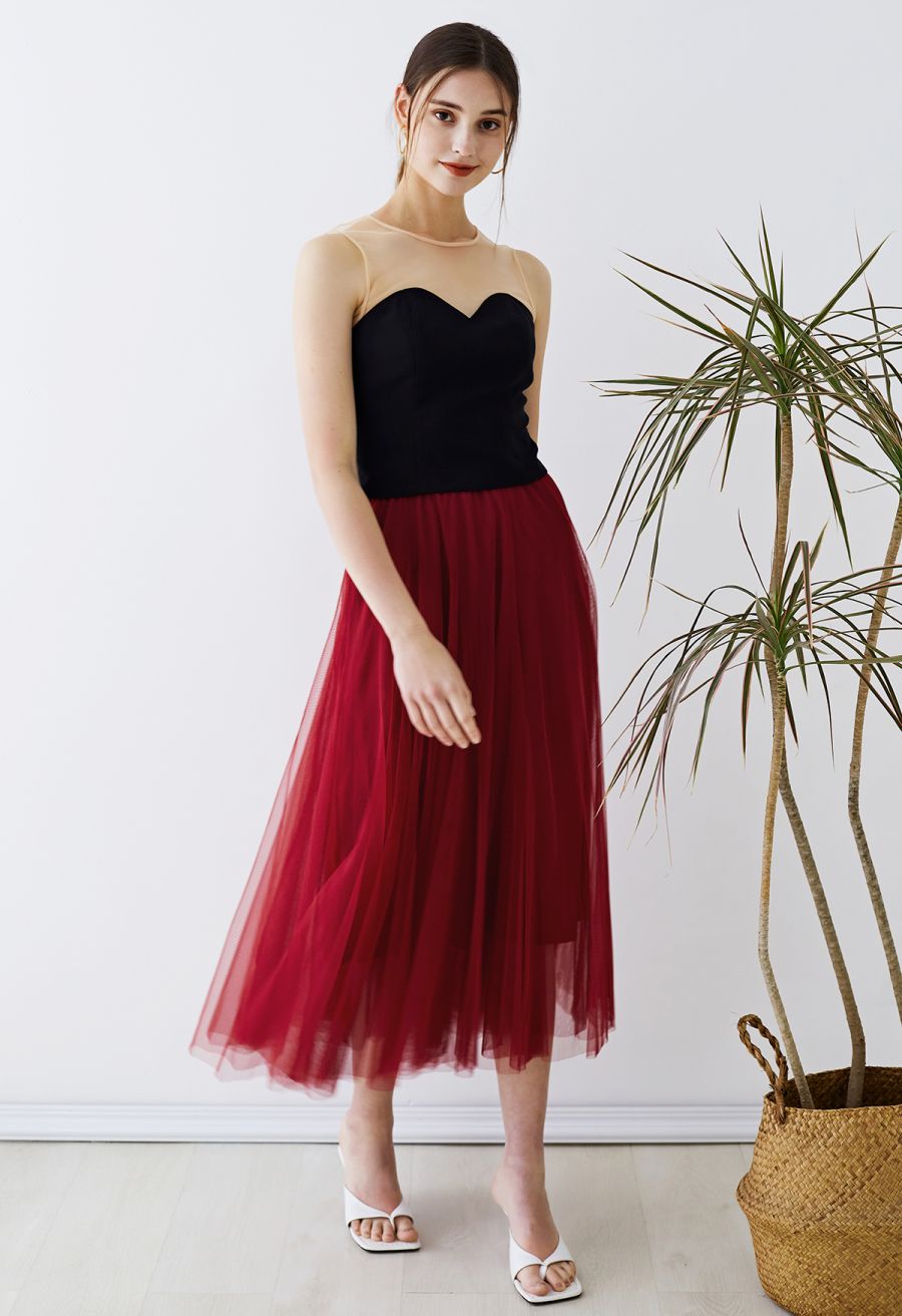 Mesh Shoulder Sweetheart Sleeveless Top