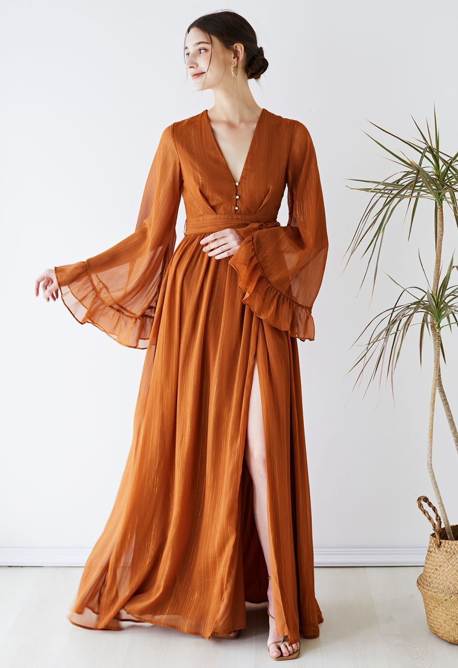 Metallic Shimmer Chiffon Ruffle Sleeve Maxi Dress in Rust