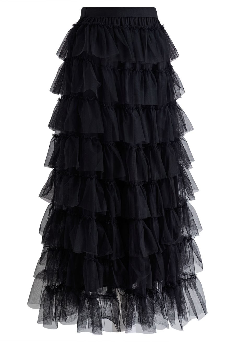 Ruffle Tiered Tulle Mesh Maxi Skirt in Black