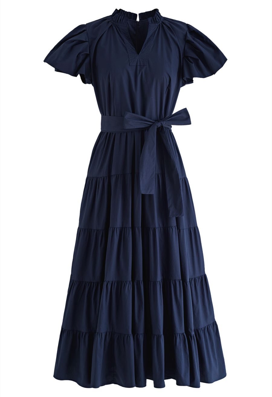 V-Neck Flutter Sleeve Ruffle Cotton Dress in Navy