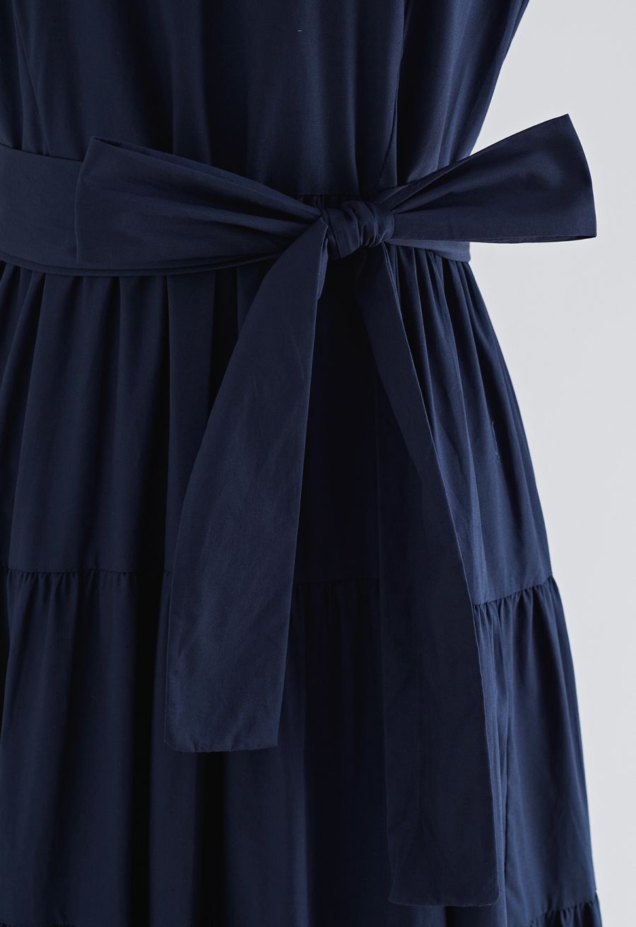 V-Neck Flutter Sleeve Ruffle Cotton Dress in Navy