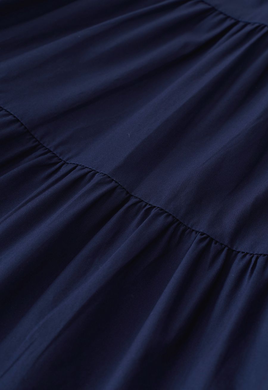 V-Neck Flutter Sleeve Ruffle Cotton Dress in Navy