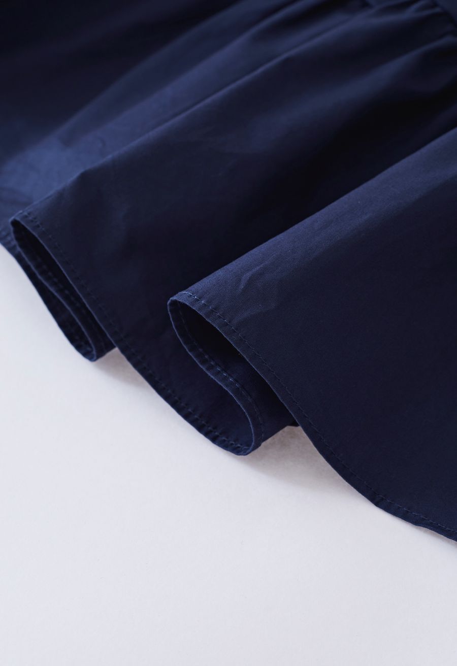 V-Neck Flutter Sleeve Ruffle Cotton Dress in Navy