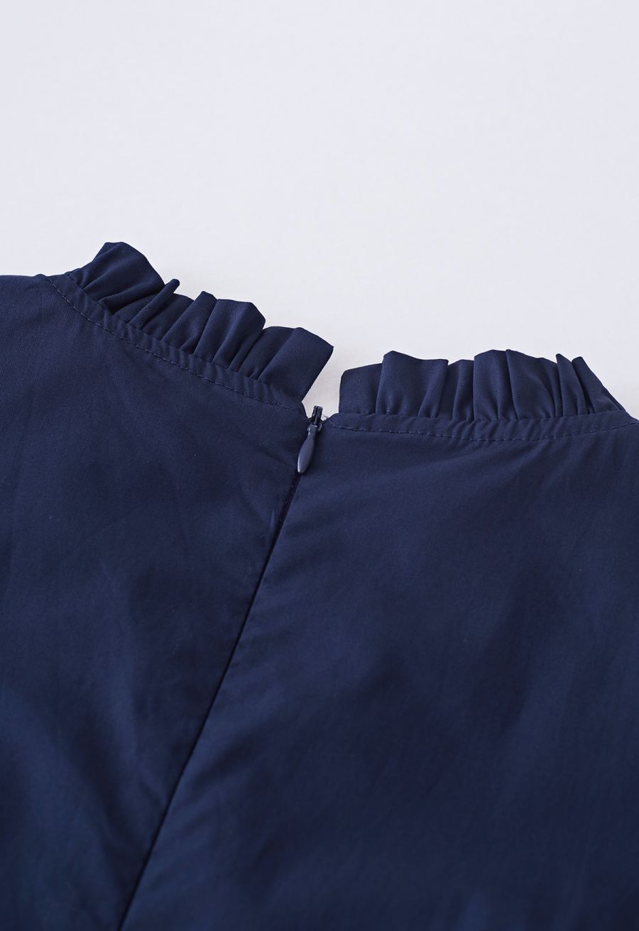 V-Neck Flutter Sleeve Ruffle Cotton Dress in Navy