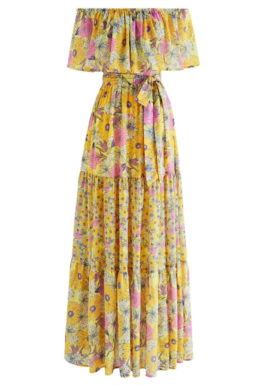 Flower Field Ruffled Overlay Off-Shoulder Maxi Dress