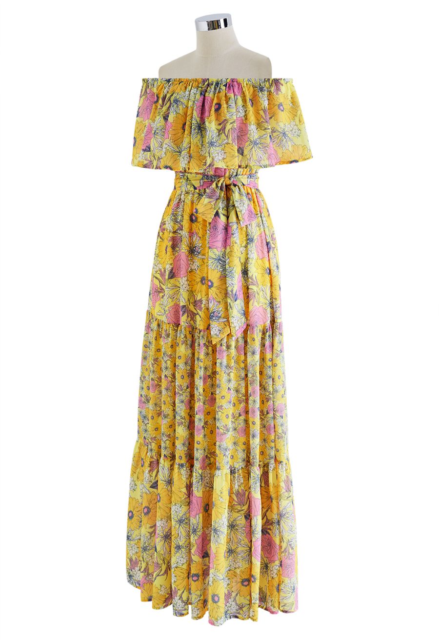 Flower Field Ruffled Overlay Off-Shoulder Maxi Dress