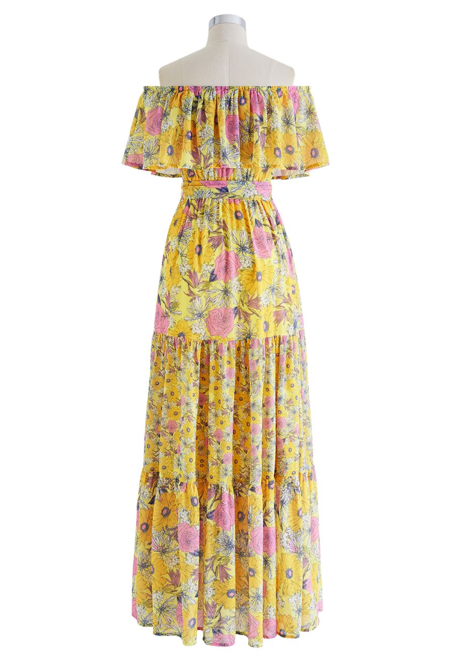 Flower Field Ruffled Overlay Off-Shoulder Maxi Dress