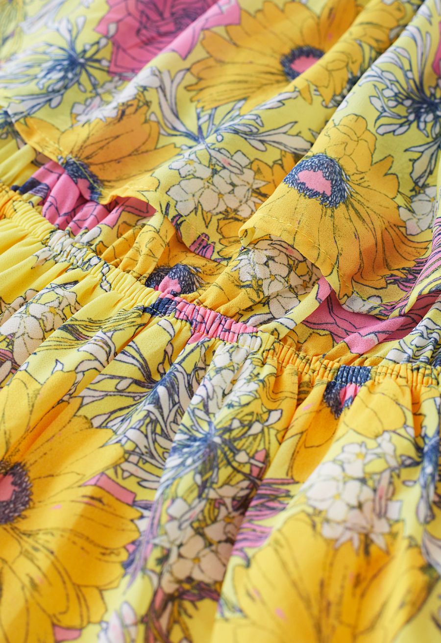 Flower Field Ruffled Overlay Off-Shoulder Maxi Dress