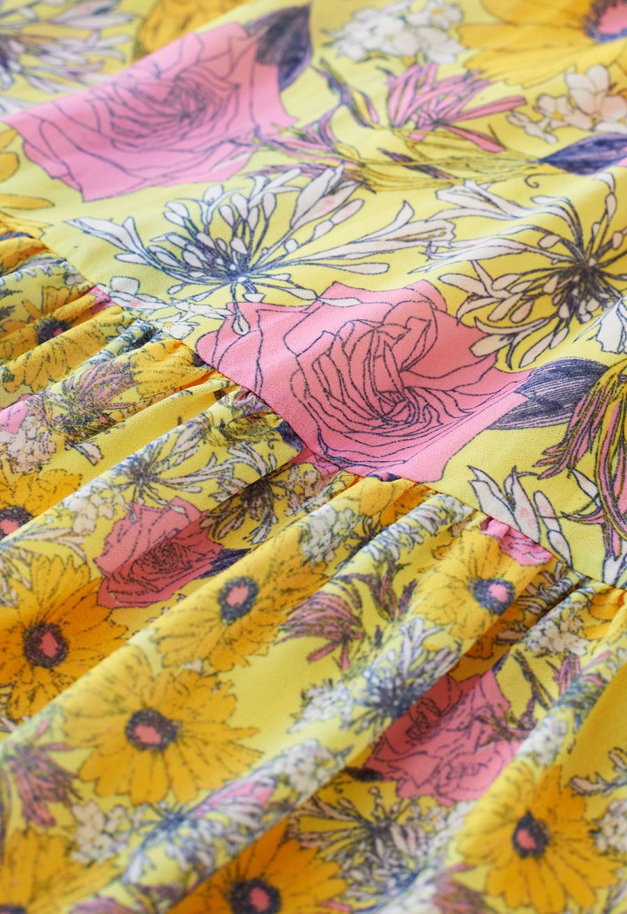 Flower Field Ruffled Overlay Off-Shoulder Maxi Dress