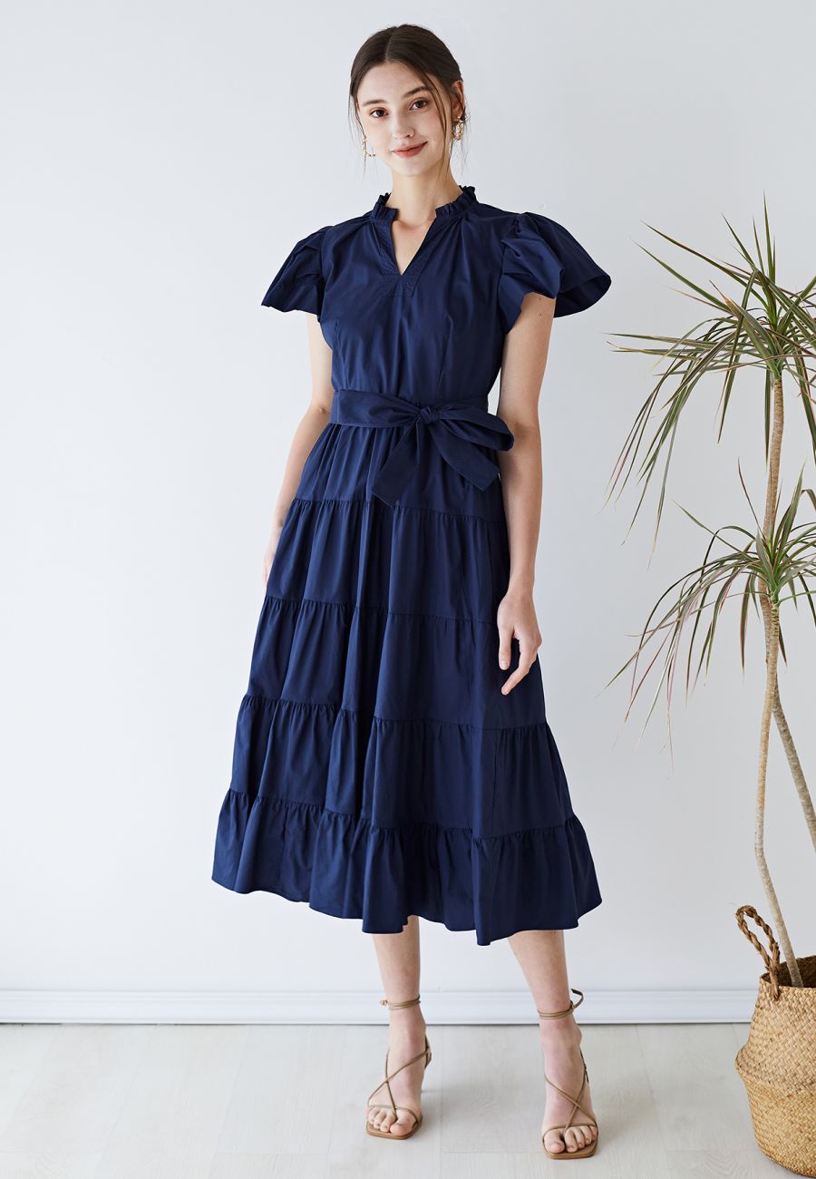 V-Neck Flutter Sleeve Ruffle Cotton Dress in Navy