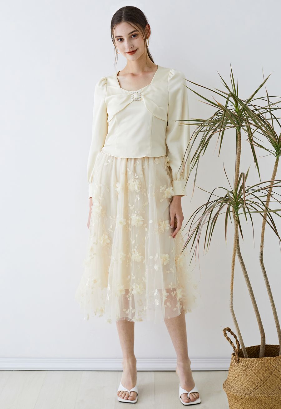 3D Mesh Flower Embroidered Tulle Midi Skirt in Light Yellow
