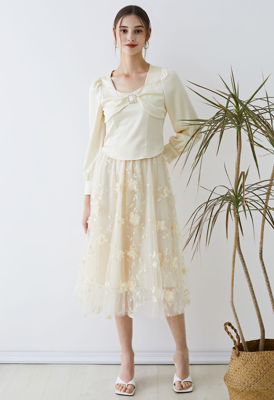 3D Mesh Flower Embroidered Tulle Midi Skirt in Light Yellow