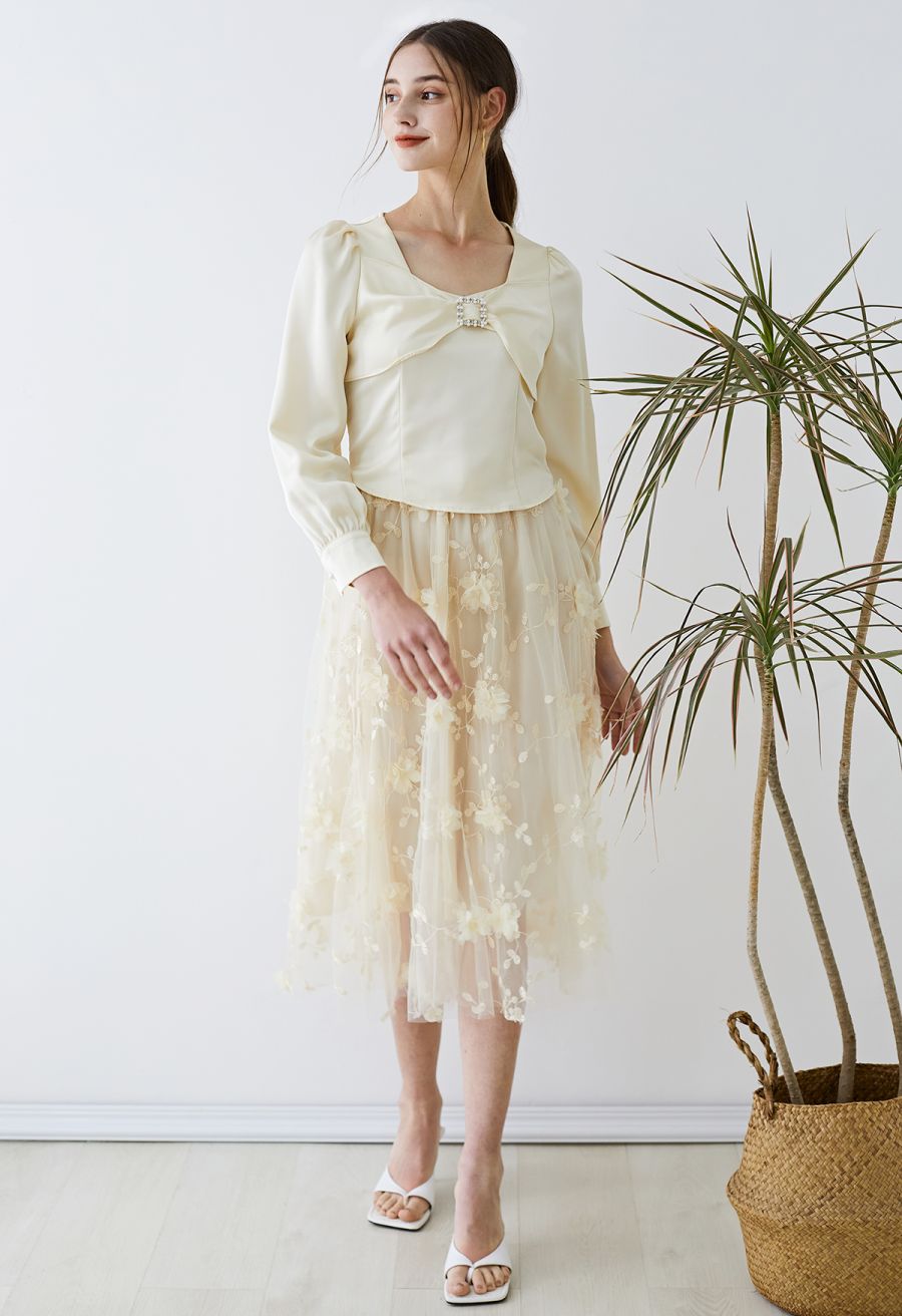 3D Mesh Flower Embroidered Tulle Midi Skirt in Light Yellow
