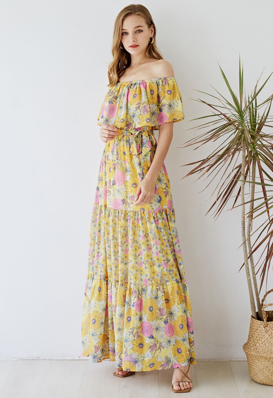 Flower Field Ruffled Overlay Off-Shoulder Maxi Dress
