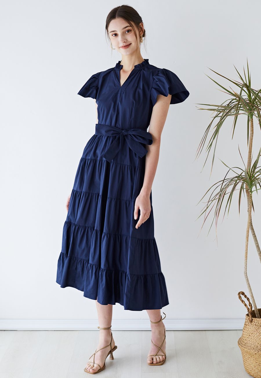 V-Neck Flutter Sleeve Ruffle Cotton Dress in Navy