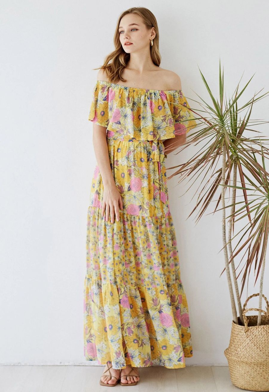 Flower Field Ruffled Overlay Off-Shoulder Maxi Dress