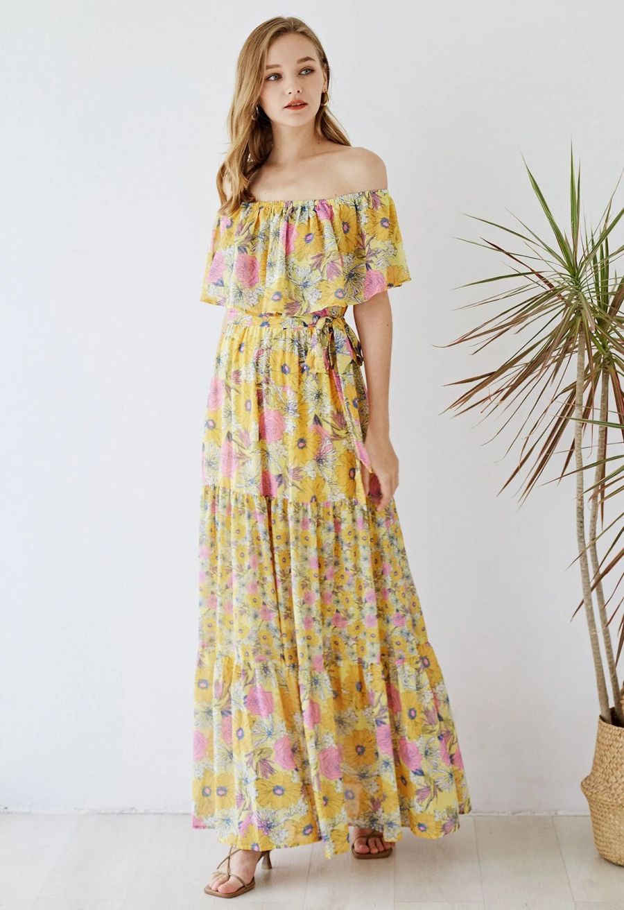 Flower Field Ruffled Overlay Off-Shoulder Maxi Dress