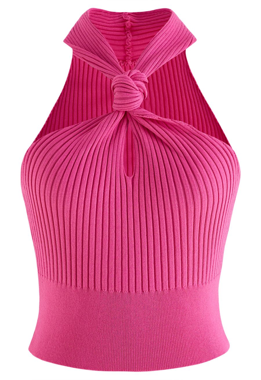 Knot Halter Neck Knit Crop Top in Hot Pink