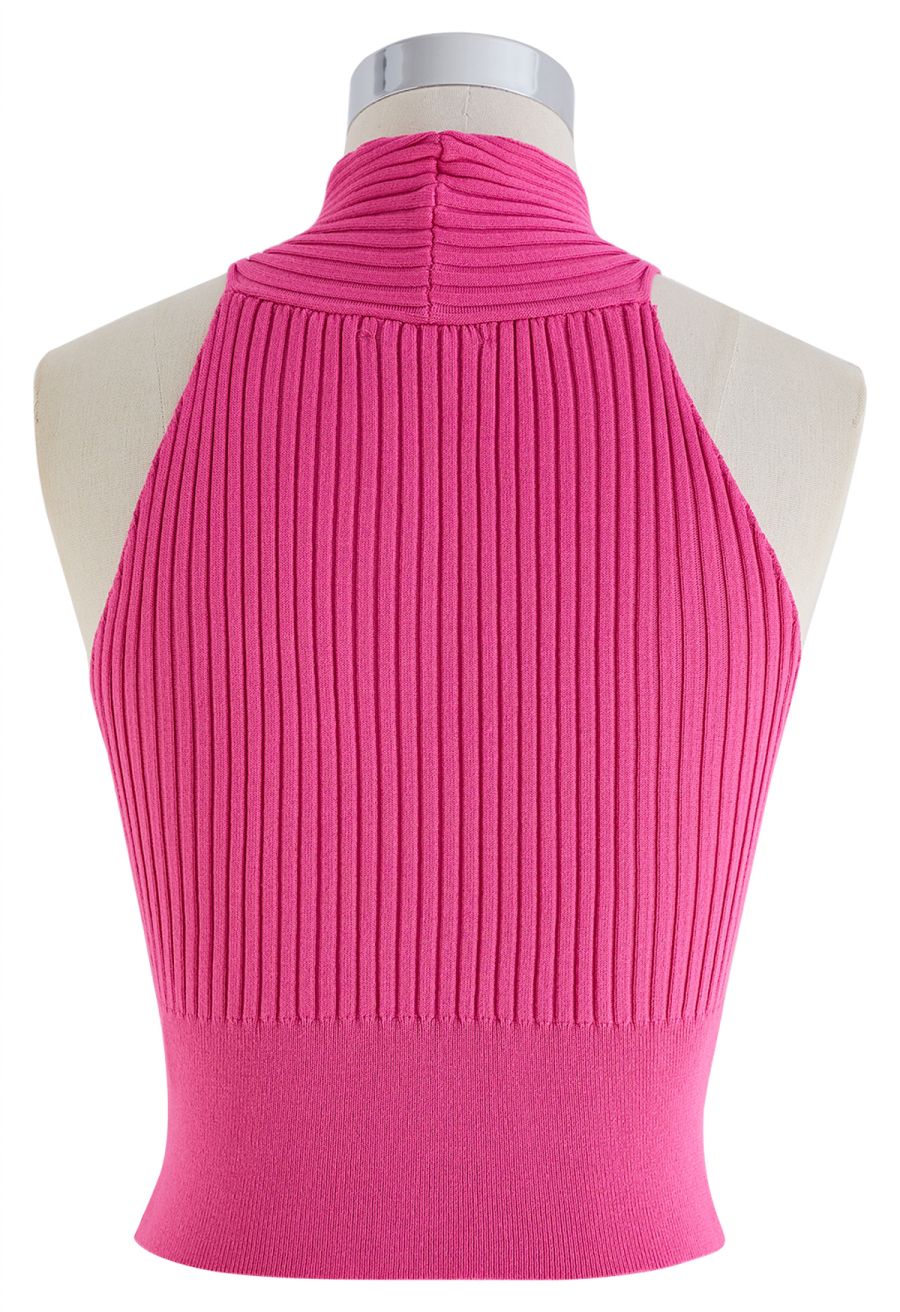 Knot Halter Neck Knit Crop Top in Hot Pink