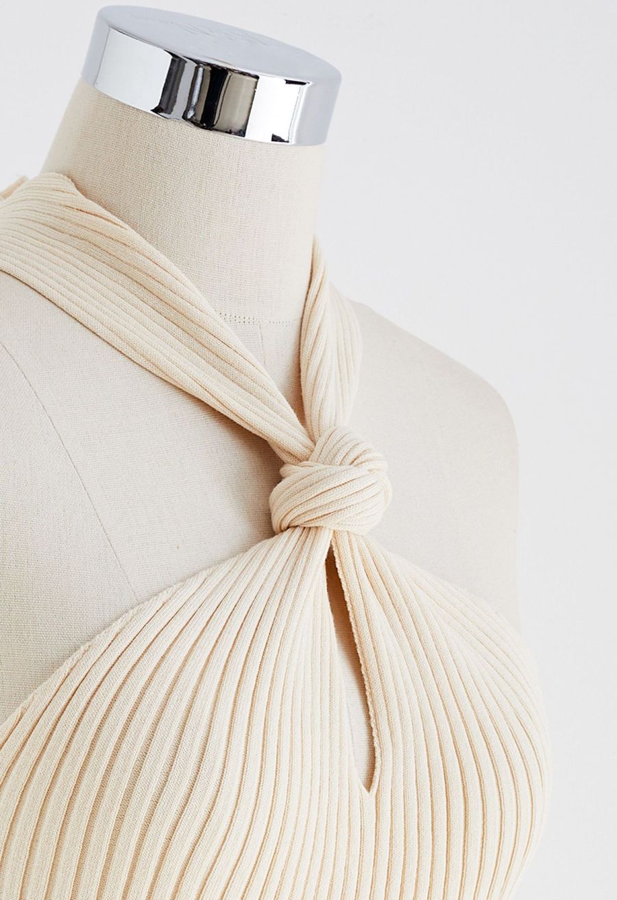 Knot Halter Neck Knit Crop Top in Sand