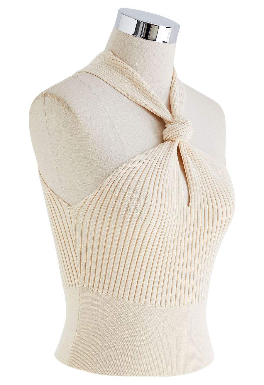 Knot Halter Neck Knit Crop Top in Sand