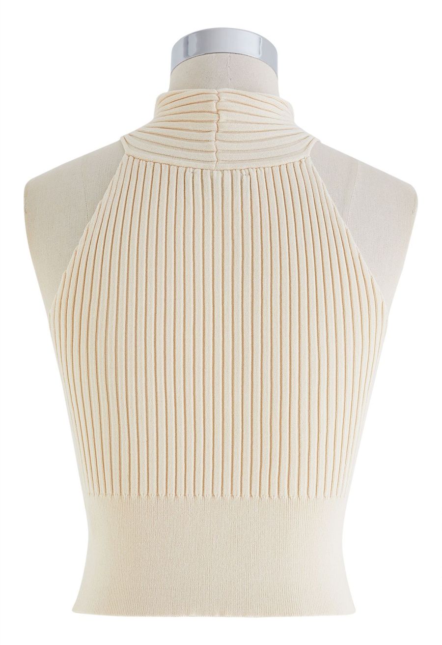 Knot Halter Neck Knit Crop Top in Sand