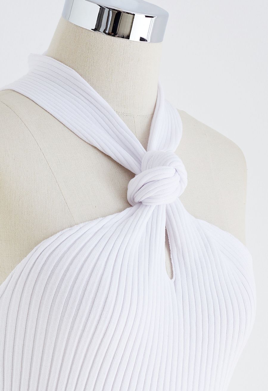 Knot Halter Neck Knit Crop Top in White