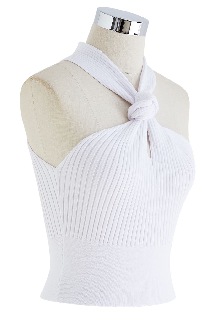 Knot Halter Neck Knit Crop Top in White