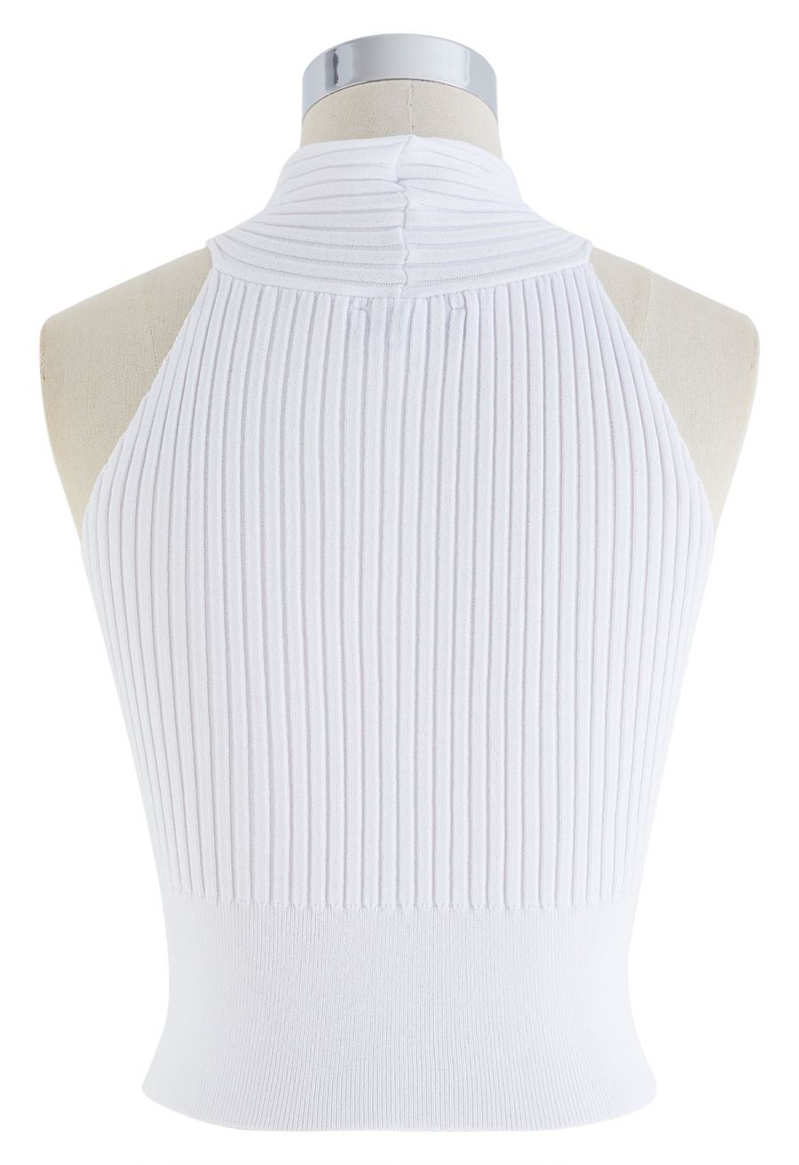 Knot Halter Neck Knit Crop Top in White
