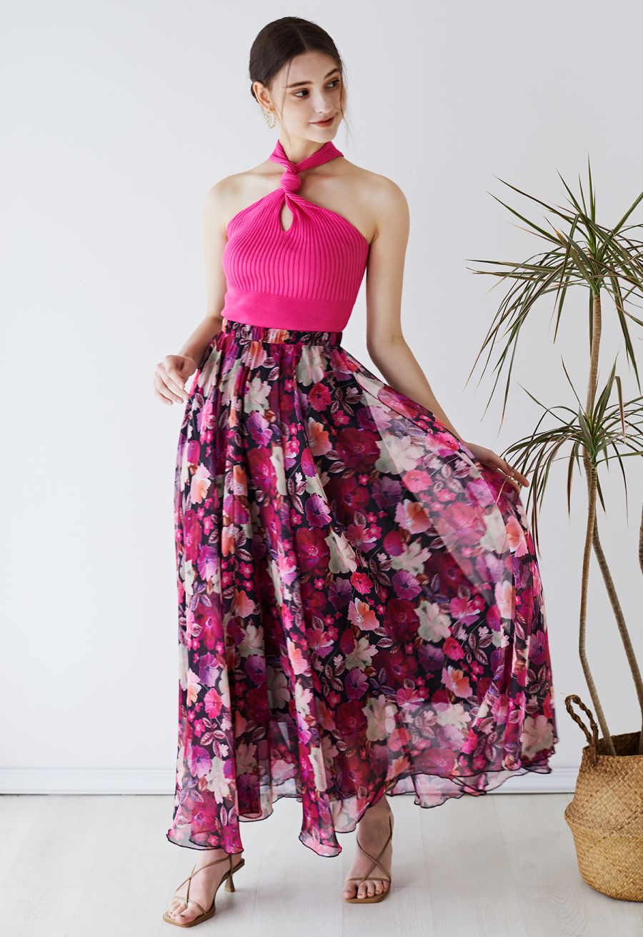 Knot Halter Neck Knit Crop Top in Hot Pink