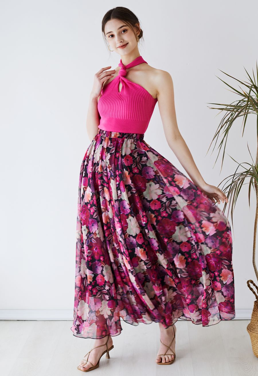 Knot Halter Neck Knit Crop Top in Hot Pink