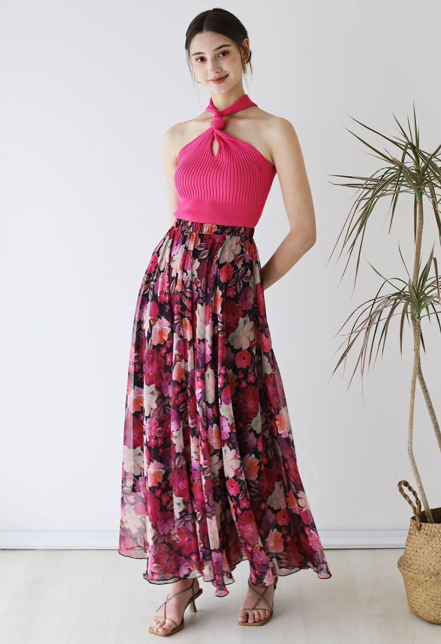 Knot Halter Neck Knit Crop Top in Hot Pink