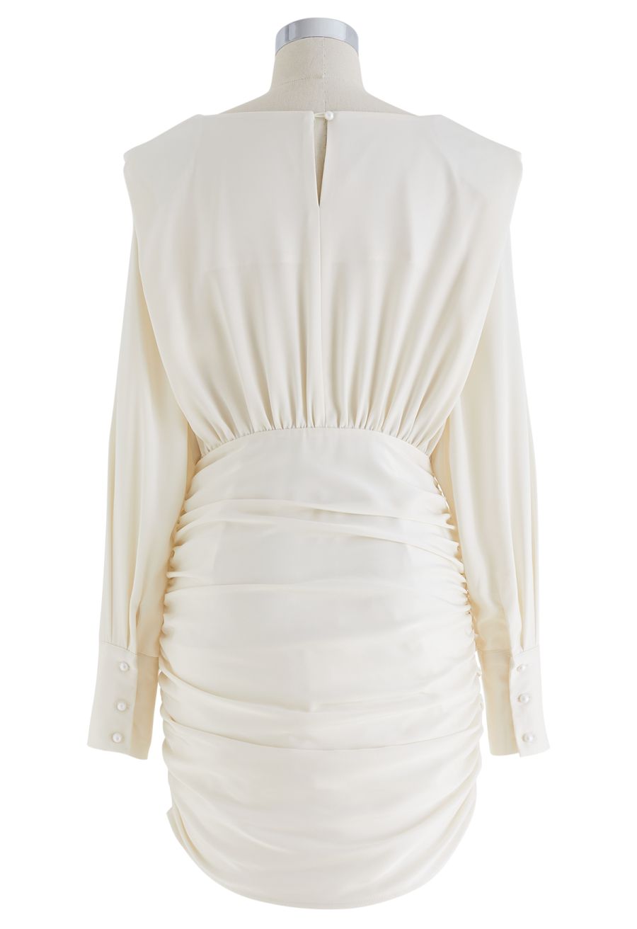 Padded Shoulder Cowl Neck Ruched Satin Dress in Cream