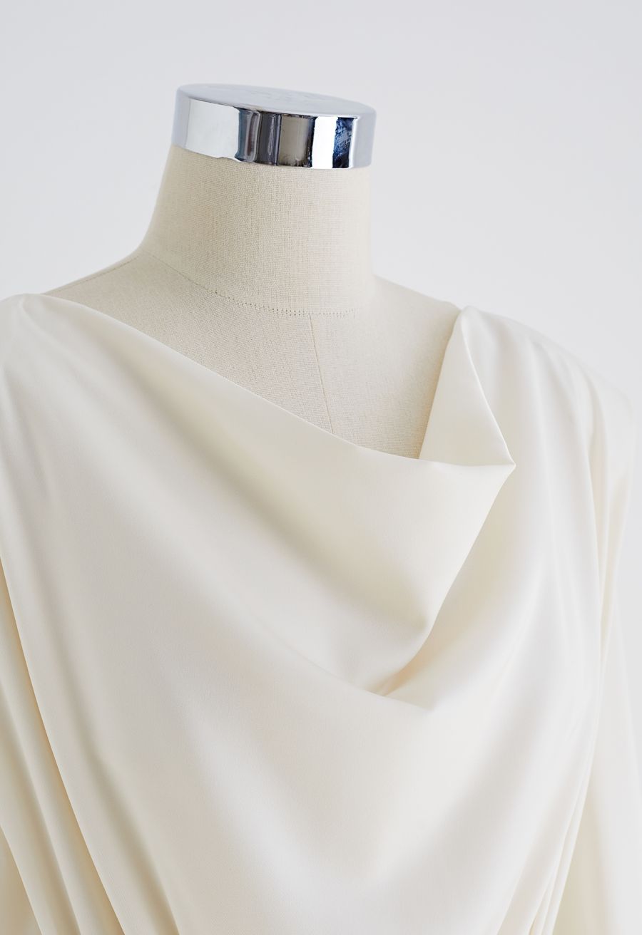 Padded Shoulder Cowl Neck Ruched Satin Dress in Cream