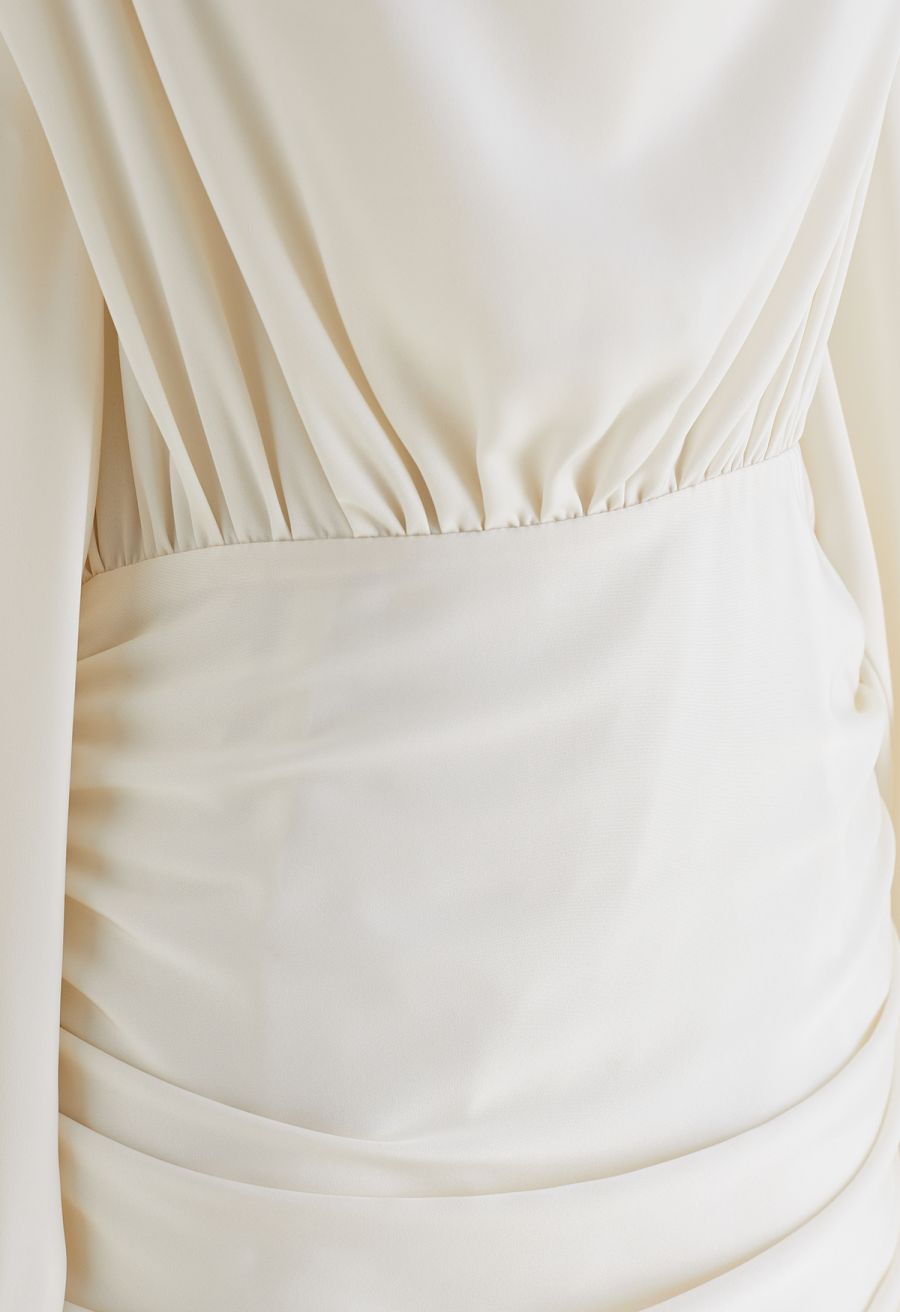 Padded Shoulder Cowl Neck Ruched Satin Dress in Cream