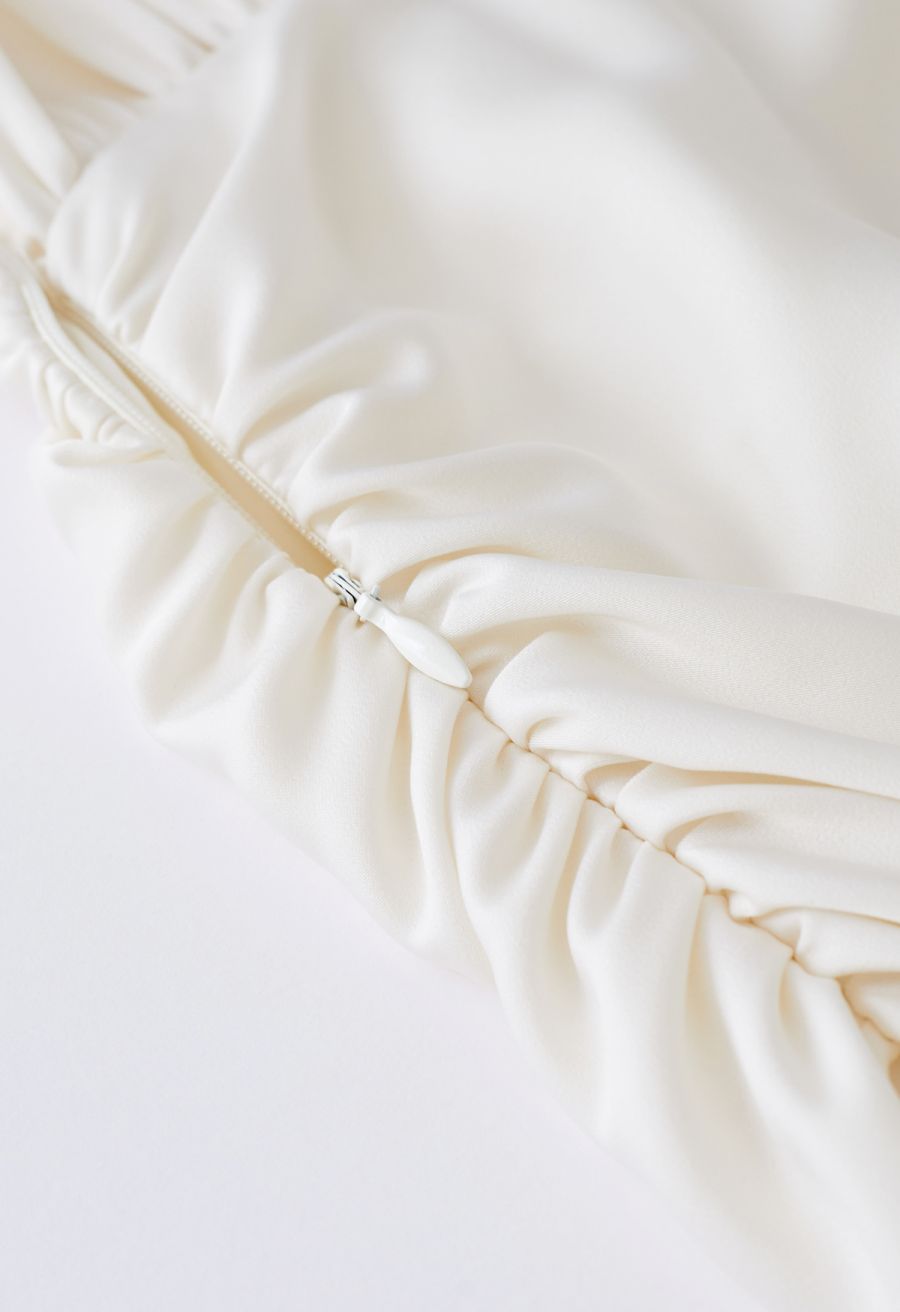 Padded Shoulder Cowl Neck Ruched Satin Dress in Cream